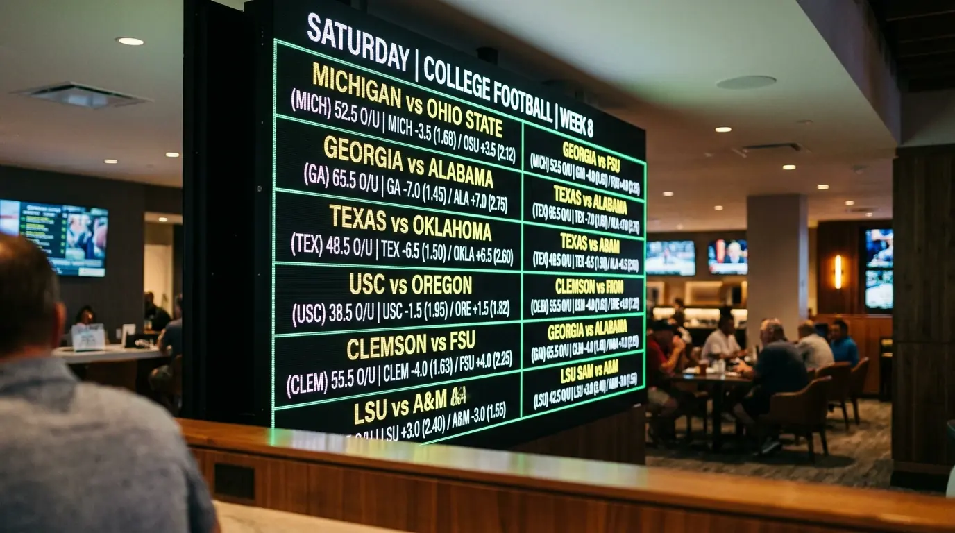 Pantalla de apuestas mostrando líneas de totales over under en un partido de fútbol americano universitario